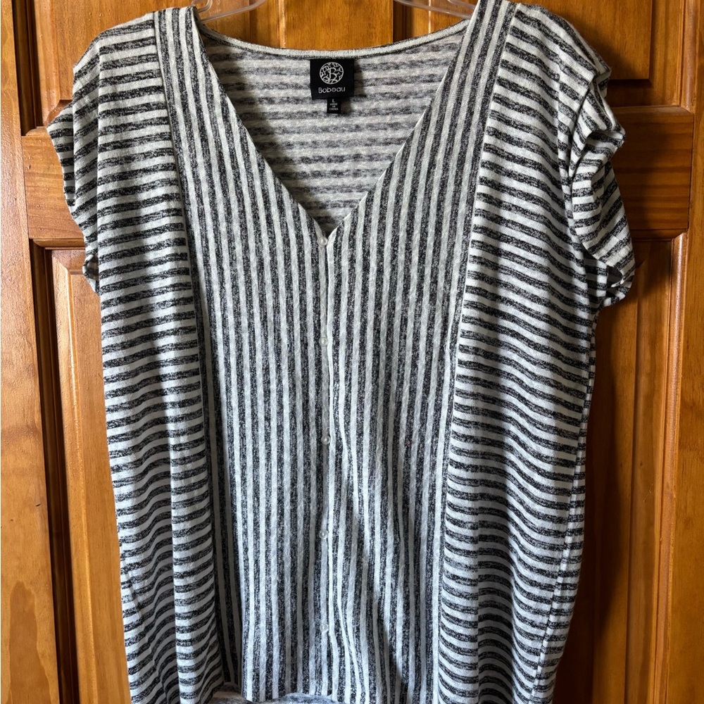 Bozzolo Black and White Striped V-Neck Blouse